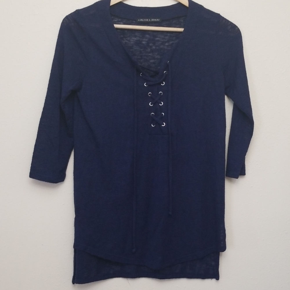 Navy Lace Up 3/4 Sleeve Shirt Size XS